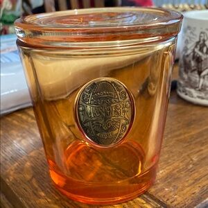 Glass Candle Jar w/lid by M & Sense. 4.5 inches tall w/lid.  Orange See Thru. EC